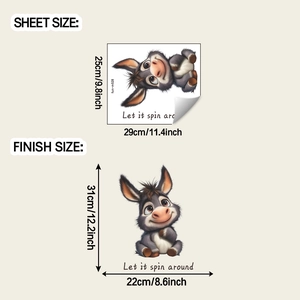 Detail of cute donkey toilet sticker showing sheet size and layout dimensions