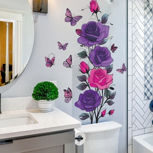 Waterproof watercolor rose and butterfly wall stickers for living room and bathroom decor