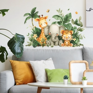 Cartoon animal and tropical plant wall stickers for living room and nursery decor
