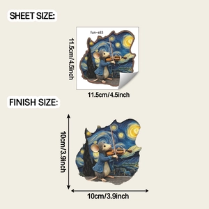 Detail view of Van Gogh style mouse playing violin wall sticker with size specifications