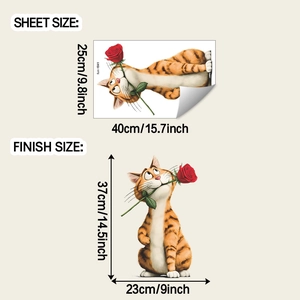 Detail showing sheet size and finished display size of the orange cat wall sticker