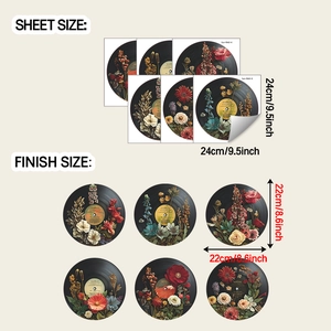 Detail showing the dimensions and floral vinyl record wall sticker with sheet and finish sizes