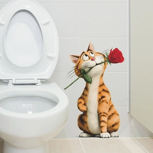 3D playful orange tabby cat wall sticker holding a red rose for home decor