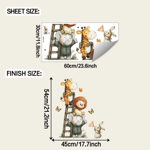 Cartoon animal wall decal sheet and layout size details for kids room decor