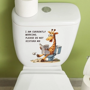 Funny giraffe reading newspaper on toilet wall sticker for bathroom decoration