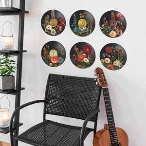 Set of 6 vinyl record wall stickers with vintage floral patterns for music room decor
