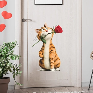 3D cartoon orange cat with red rose wall sticker for home living room door decoration