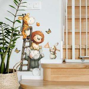 Cartoon animal ladder wall stickers featuring watercolor giraffe and lion for kids room