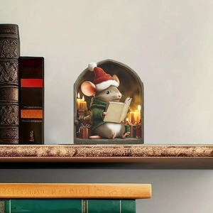 Adesivo murale 3D topo di Natale che legge un libro per decorazione festiva casa