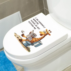 Funny giraffe reading newspaper toilet lid sticker with decorative warning text