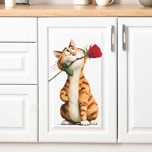3D Cartoon Orange Cat With Red Rose Wall Sticker PVC Self-Adhesive Removable Decal For Living Room Bedroom Home Decor