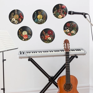 Set of 6 vintage vinyl record wall stickers with floral patterns for music room decor