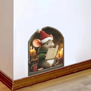 Adesivo murale 3D buco del topo di Natale con topo che legge vicino a candele e regali