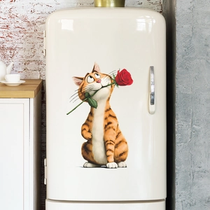 Self-adhesive orange cat wall sticker with red rose for home kitchen decoration