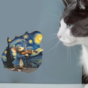 3D Starry Night mouse hole wall sticker with violin mouse and cat interactive decor