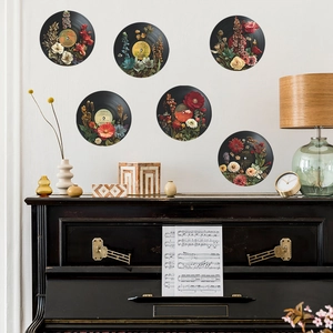 Vintage Vinyl Record Floral Wall Stickers Retro Music Room Decor Removable PVC Flower Decals For Living Space Decor