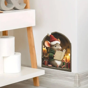 Adesivo murale 3D buco del topo di Natale con topo che legge libri e regali festivi