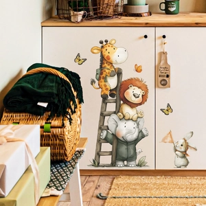 Cartoon Animal Ladder Wall Sticker PVC Waterproof Watercolor Decals For Kids Room Nursery Playroom Decorative Home Decor