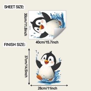 Cartoon penguin wall sticker layout showing sheet size and bathroom finish dimensions
