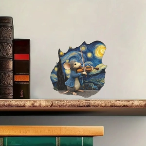 Starry Night mouse playing violin wall sticker with 3D hole effect home decor