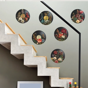 Set of 6 vinyl record wall stickers with vintage floral patterns for home decoration