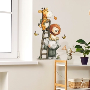 Cute cartoon animal wall stickers with giraffe and lion for kids playroom decor