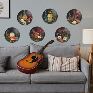 6-pack of vintage vinyl record wall decals with colorful floral art for living room decor