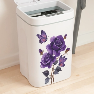 Smart white trash can featuring elegant purple rose and butterfly painted patterns