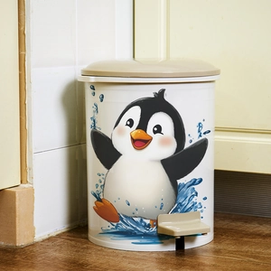 Cartoon penguin pattern pedal trash can with soft-close lid for bathroom and bedroom decor