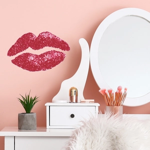 Sparkling pink glitter lip-shaped wall sticker for home decor in a vanity room