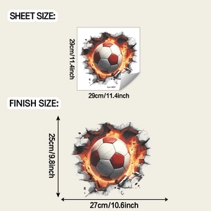 Spécifications de taille pour sticker mural 3D ballon de football en feu sur mur brisé
