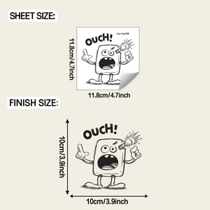 Detailed size specifications for cartoon sticker showing sheet size and finish size