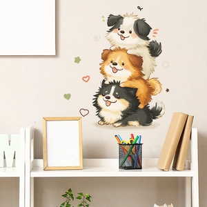 Cartoon Stacked Dogs Wall Sticker PVC Cute Puppy Animal Pattern Removable Wall Decal For Kids Room Living Room Home Decor