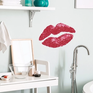 Sparkly red lips wall decal for bathroom decoration on a light green modern wall