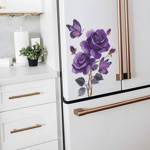 Elegant purple rose and butterfly wall stickers applied to a modern white refrigerator