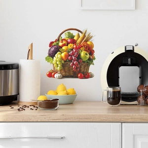 Fruit basket wall sticker with realistic apples and grapes for kitchen wall decoration