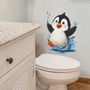 Cartoon penguin wall sticker with blue water splashes for bathroom wall decoration