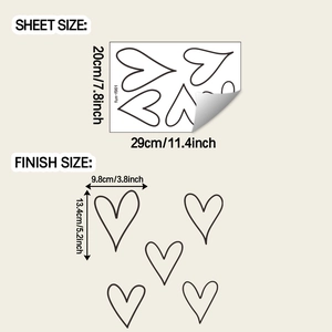 Detail view of heart wall decals showing sheet size and finish size dimensions