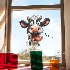 Adesivo per finestre con mucca animata e scritta Hello per decorazione domestica in vetro