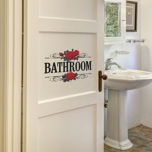 Floral Bathroom door sticker with red roses and elegant black lettering on white wood