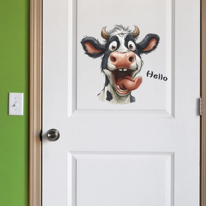 Adesivo murale con mucca buffa e scritta Hello per ingresso e decorazione porte