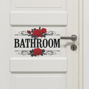 Red Rose Bathroom Sign Wall Sticker PVC Waterproof Self Adhesive Door Decal For Restroom Washroom Home Decor Vintage Style