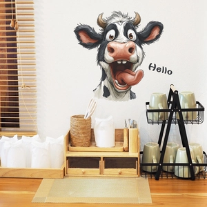 Simpatico Adesivo da Parete a Forma di Mucca Cartoon Hello PVC Removibile Impermeabile per Cucina Bagno WC Decorazione Casa