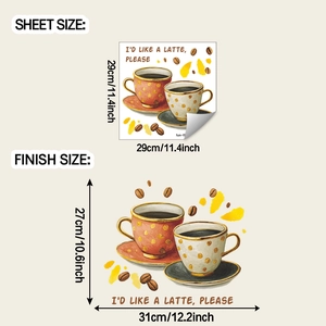 Detail of coffee cup wall sticker dimensions showing sheet and finish layout sizes