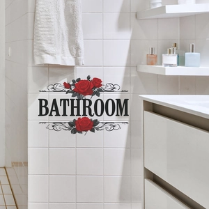Waterproof red rose bathroom wall decal with elegant black floral pattern and text