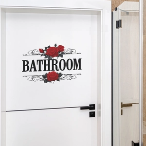 Elegant floral bathroom door decal with red roses and vintage bathroom lettering