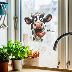 Adesivo murale con mucca buffa e scritta Hello su finestra della cucina decoro