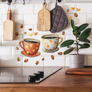 Adesivi murali con tazze di caffè e chicchi per decorazione cucina e piastrelle