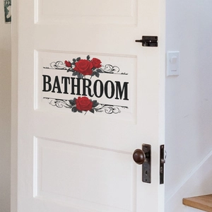 Waterproof Bathroom door sticker with vintage red roses and black lettering on white door