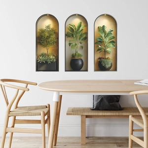 Modern 3D arch wall stickers featuring green potted plants and warm backlight effect